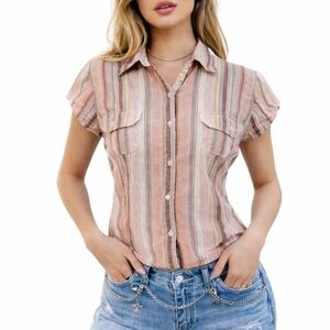 Vintage Quizz & Co. Women's Striped 100% Cotton Blouse Size Large Cap Sleeve